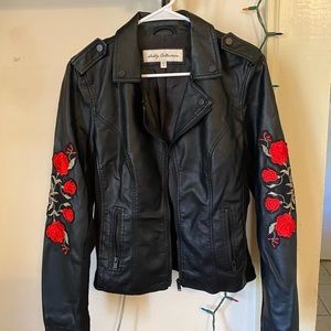 Black Leather Jacket with Rose Detail on Sleeves